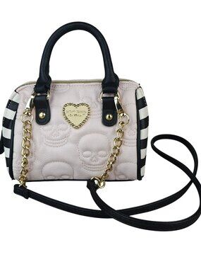 Betsey Johnson Small Crossbody Bag Faux Leather Skull Embossed Pink Black Stripe